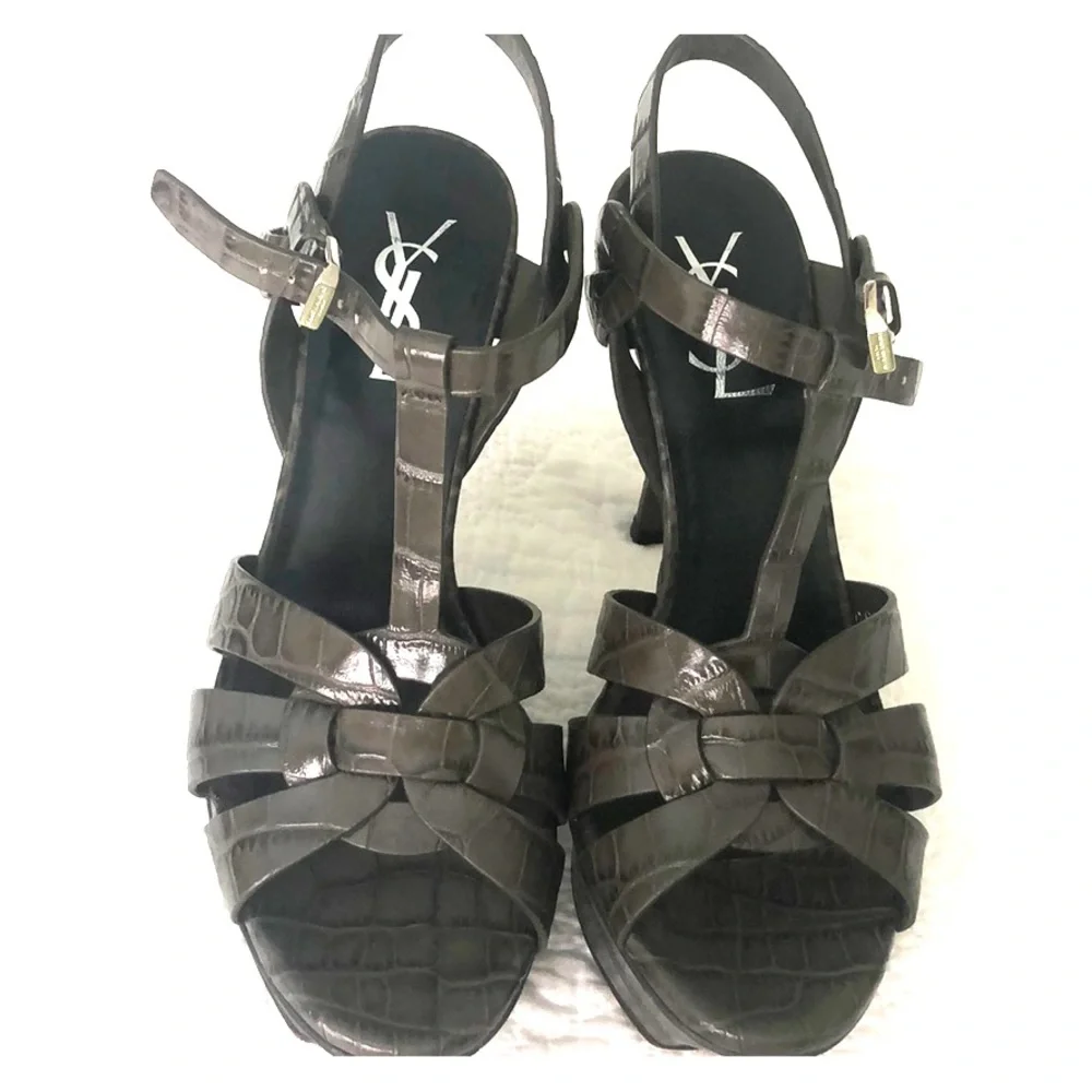 Yves Saint Laurent Brown Croc-Embossed Leather Platform Sandals